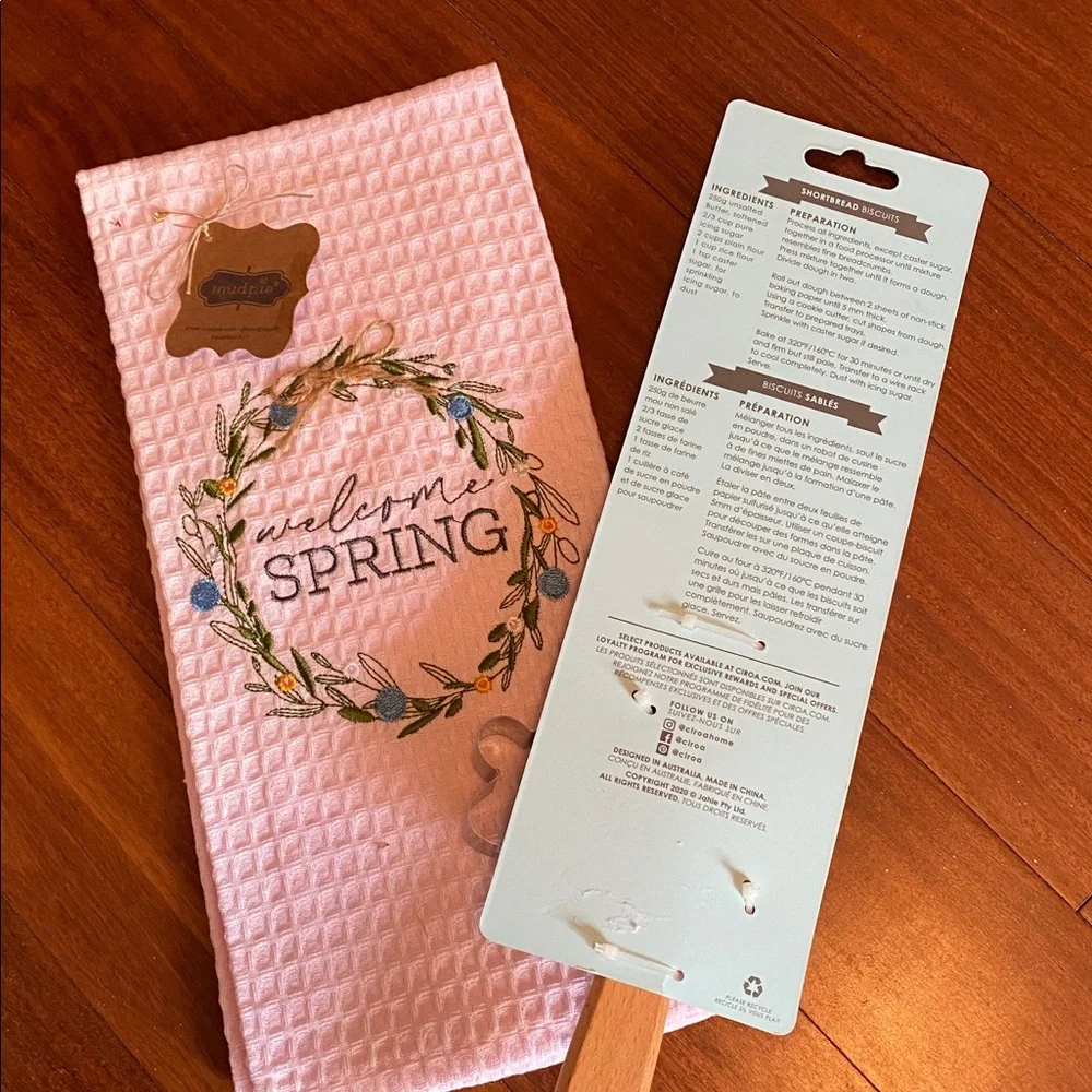 NWT Mud Pie Pink Embroidered Spring Tea Dish Towel, Spatula & Cookie Cutter